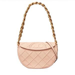 Tory Burch NWT Elegant Pink Quilted Crescent Shoulder Bag with gold chain